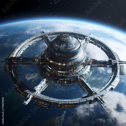 A futuristic space station in orbit around a planet
