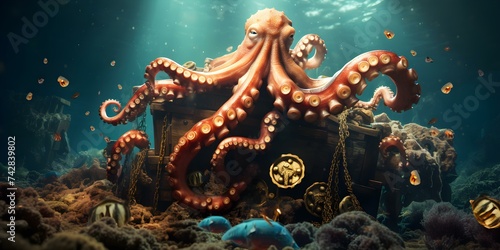 Octopus protecting treasure chest on ocean floor gold coins scattered around centered professional photo copy space. Concept Ocean Wildlife, Underwater Photography, Treasure Hunting, Marine Life
