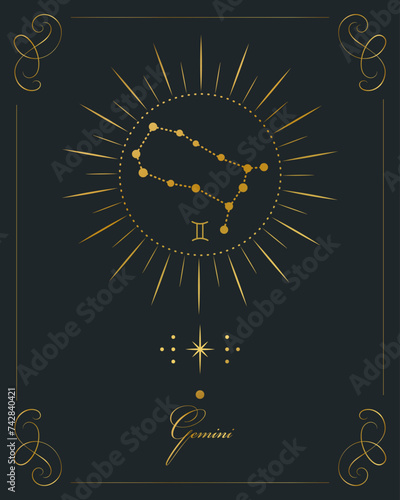 Magic astrology poster with Gemini constellation, tarot card. Golden design on a black background. Vertical illustration, vector