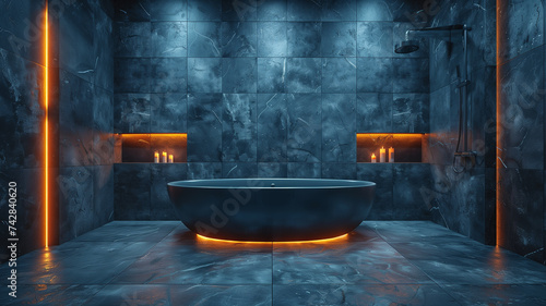 The dim lighting adds drama to the dark bathroom  enhancing its modern elegance.