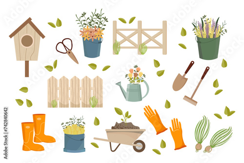 Gardening set, garden wheelbarrow, shovel, rake, boots, gloves, watering can, birdhouse, wooden signs. Icons, spring illustration, vector