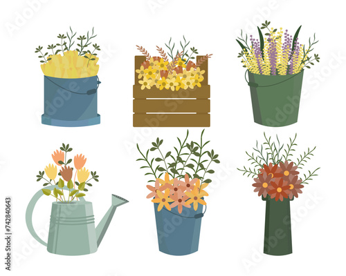 Gardening, buckets, watering cans and a wooden box with flowers. Icon set, design elements, vector