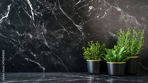 Black Marquina Marble with potted plants with copy space