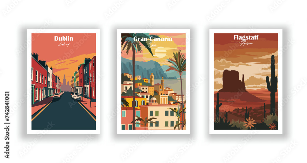 Naklejka premium Dublin, Ireland. Flagstaff, Arizona. Gran Canaria, Spain - Vintage travel poster. Vector illustration. High quality prints
