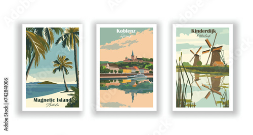 Kinderdijk, Netherlands. Koblenz, Germany. Magnetic Island, Australia - Vintage travel poster. Vector illustration. High quality prints