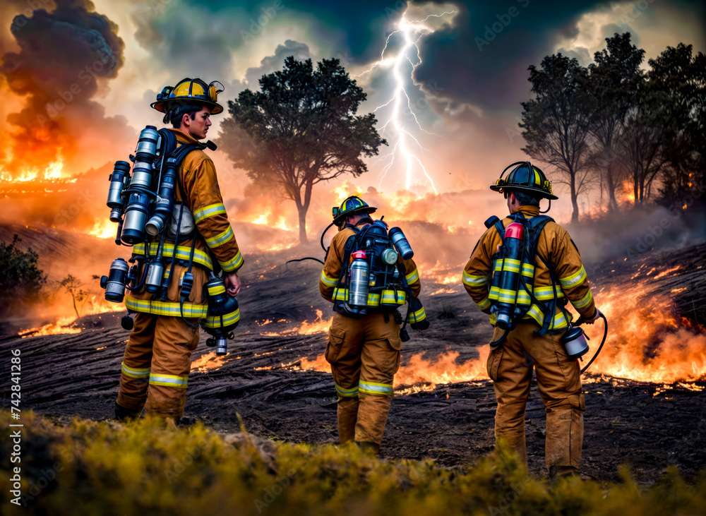 Group of firemen standing in front of fire with lightning in the background.