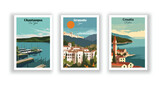 Chautauqua, New York. Croatia, Balkans. Granada, Spain - Vintage travel poster. Vector illustration. High quality prints