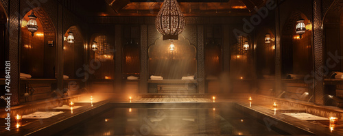 Capture the interplay of light and steam within a Turkish hammam's steam room, highlighting ornate metal work and soothing warm tones.