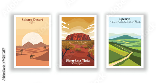 Sahara Desert, Africa. Sperrin. Uluru-kata Tjuta National Park - Vintage travel poster. Vector illustration. High quality prints
