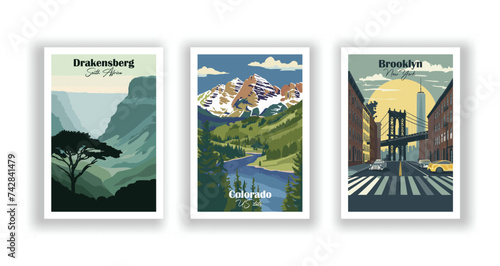 Brooklyn, New York. Colorado, US state. Drakensberg, South Africa - Vintage travel poster. Vector illustration. High quality prints