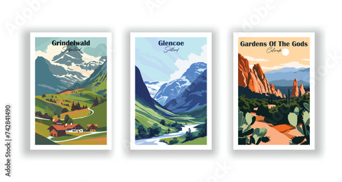 Gardens Of The Gods, Colorado. Glencoe, Scotland. Grindelwald, Switzerland - Vintage travel poster. Vector illustration. High quality prints