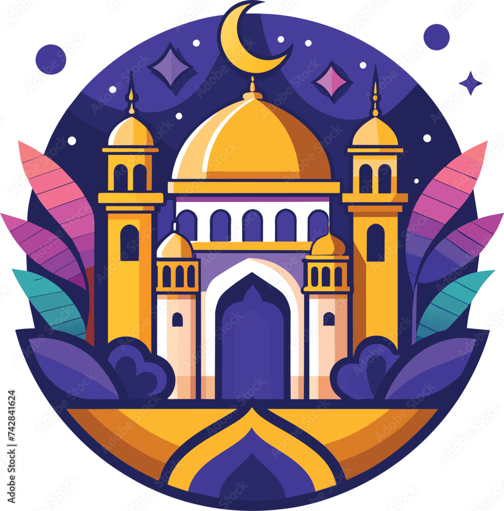 Traditional Ramadan Kareem background with mosque, moon, star vector illustrations generated by Ai