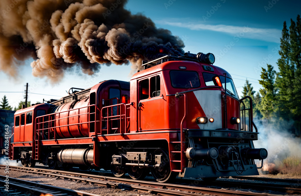 Obraz premium Red train traveling down train tracks next to sky filled with clouds.
