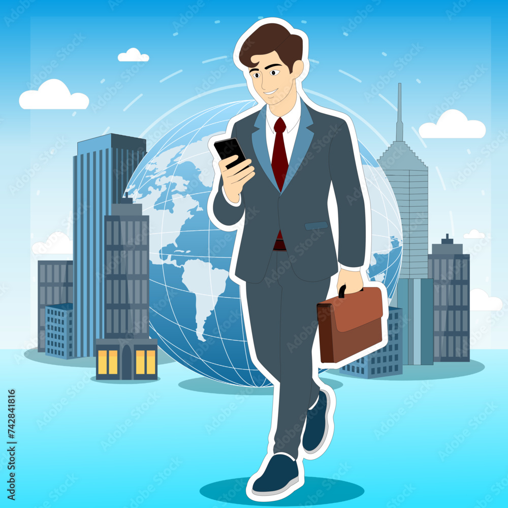 businessman with suitcase.Male businessman holds a mobile phone to communicate via the internet. Work anywhere, anytime in the world without borders concept. businessman with suitcase.Male businessman holds a mobile phone to communicate via the internet. Work anywhere, anytime in the world without borders concept.