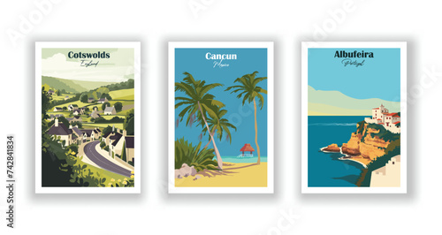 Albufeira, Portugal. Cancun, Mexico. Cotswolds, England - Vintage travel poster. Vector illustration. High quality prints