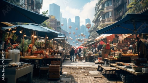 Umbrellas Filling a City Street photo