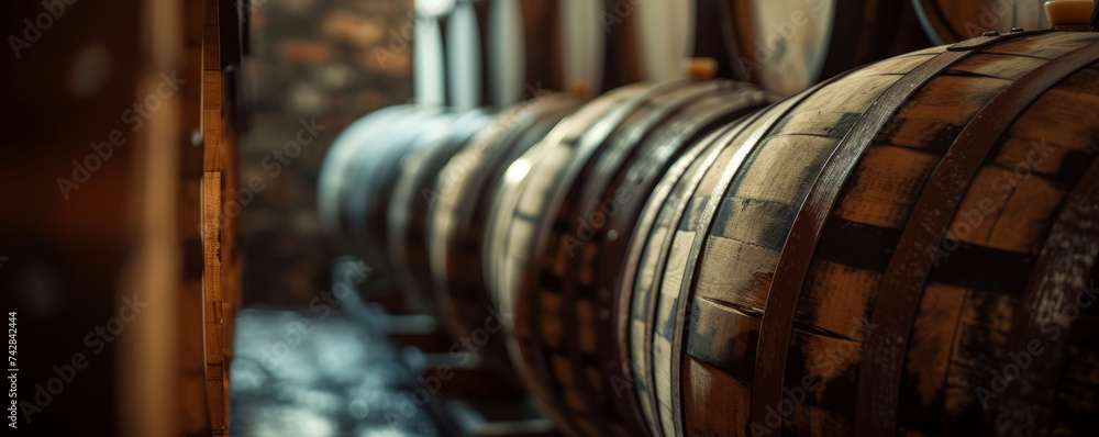 Close-up details of weathered whiskey barrels in a dimly lit aging facility, highlighting the texture and history of the barrels. Close-up details of weathered whiskey barrels in a dimly lit aging facility, highlighting the texture and history of the barrels.