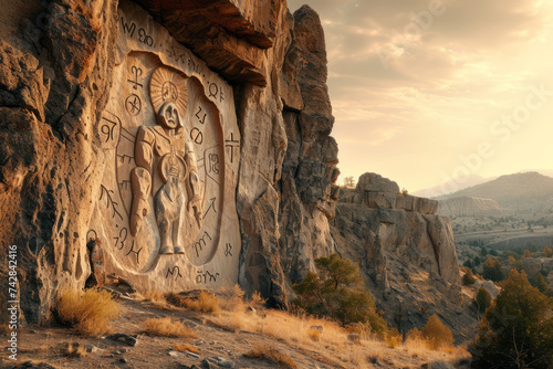 The zodiac signs artfully carved into the rugged cliffs, framed by the fading hues of the setting sun