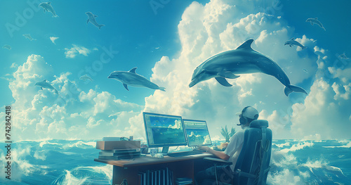 Man using computer to edit footage dolphins floating in the sky.imagin concept photo