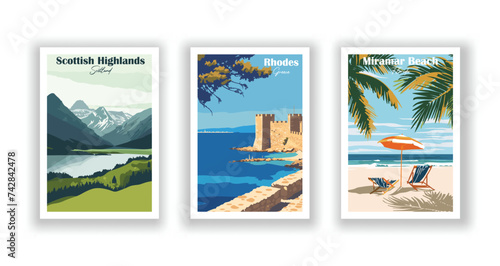 Miramar Beach, Florida. Rhodes, Greece. Scottish Highlands, Scotland - Vintage travel poster. Vector illustration. High quality prints