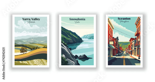 Scranton, Pennsylvania. Snowdonia, Wales. Yarra Valley, Australia - Vintage travel poster. Vector illustration. High quality prints
