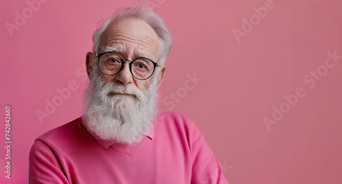 an elderly man with a gray beard wearing glasses in pink clothes on a pink background. Closeup photo of attractive grandpa isolated pastel pink color background. Banner copy space.
