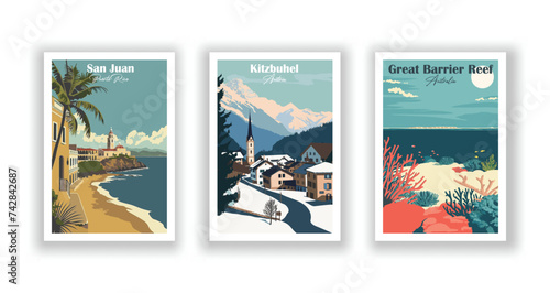 Great Barrier Reef, Australia. Kitzbuhel, Austria. San Juan, Puerto Rico - Vintage travel poster. Vector illustration. High quality prints