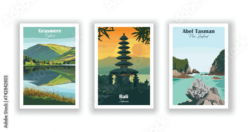 Abel Tasman, New Zealand. Bali, Indonesia. Grasmere, England - Vintage travel poster. Vector illustration. High quality prints