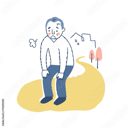 散歩中に疲れて休んでいるシニア男性