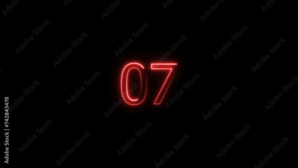 Countdown timer from 07 seconds neon light red color glowing illustration. Black background 4k illustration. Countdown timer from 07 seconds neon light red color glowing illustration. Black background 4k illustration.