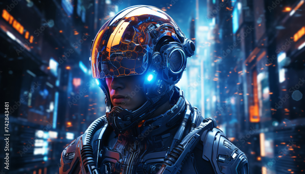 science fiction technology, cyborg with futuristic helmet science fiction technology, cyborg with futuristic helmet