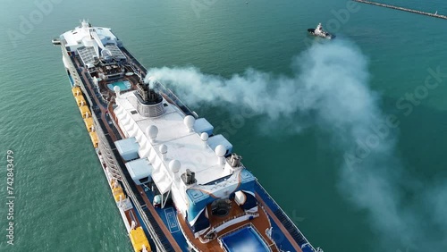 Smoke exhaust gas emissions from 
Cruise Ship, Cruise Liners beautiful white cruise ship above luxury cruise, diesel engine exhaust gas from combustion, Gas Emission Air Pollution from transportation