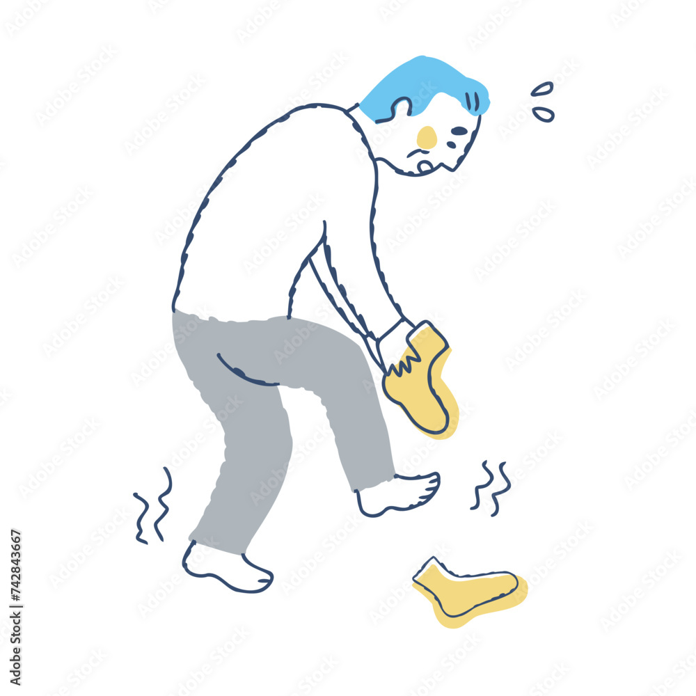 Obraz premium 片脚立ちで靴下がはけないシニア男性