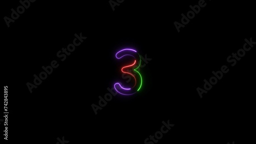 Abstract neon light number three 3 purple, green, red color illustration. Black background 4k illustration.