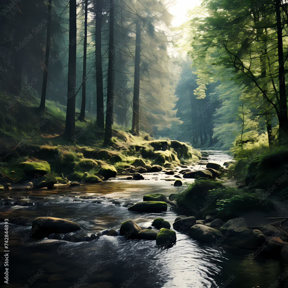A tranquil river winding through a forest. 