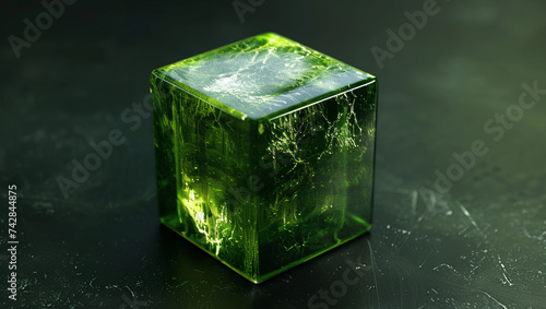 Emerald stone in the shape of a cube on a textured surface. 3D render of a faceted crystal.