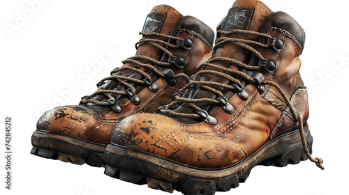 Hiking boots with rugged soles, adventure-ready, transparent background, PNG file.