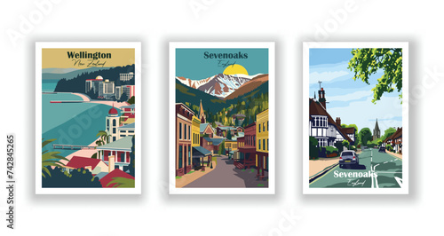 Sevenoaks, England. Telluride, Colorado. Wellington, New Zealand - Vintage travel poster. Vector illustration. High quality prints