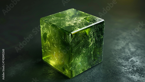 Emerald stone in the shape of a cube on a textured surface. 3D render of a faceted crystal.