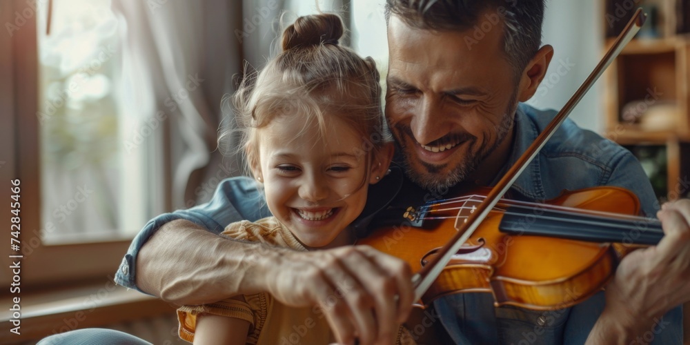 father teaches child to play violin Generative AI