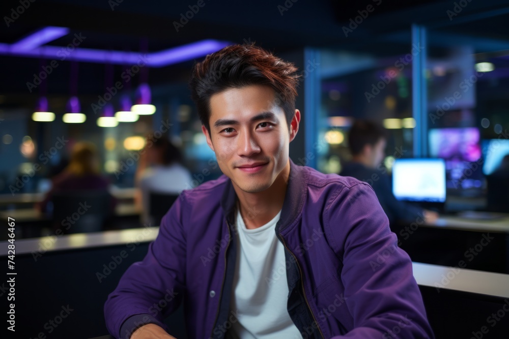 A young asian man with a pleasant smile, seated in a modern, dimly lit office with ambient blue lighting, which gives off a relaxed and contemporary vibe. A young asian man with a pleasant smile, seated in a modern, dimly lit office with ambient blue lighting, which gives off a relaxed and contemporary vibe.