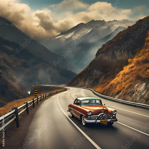 A vintage car driving on a winding mountain road. 