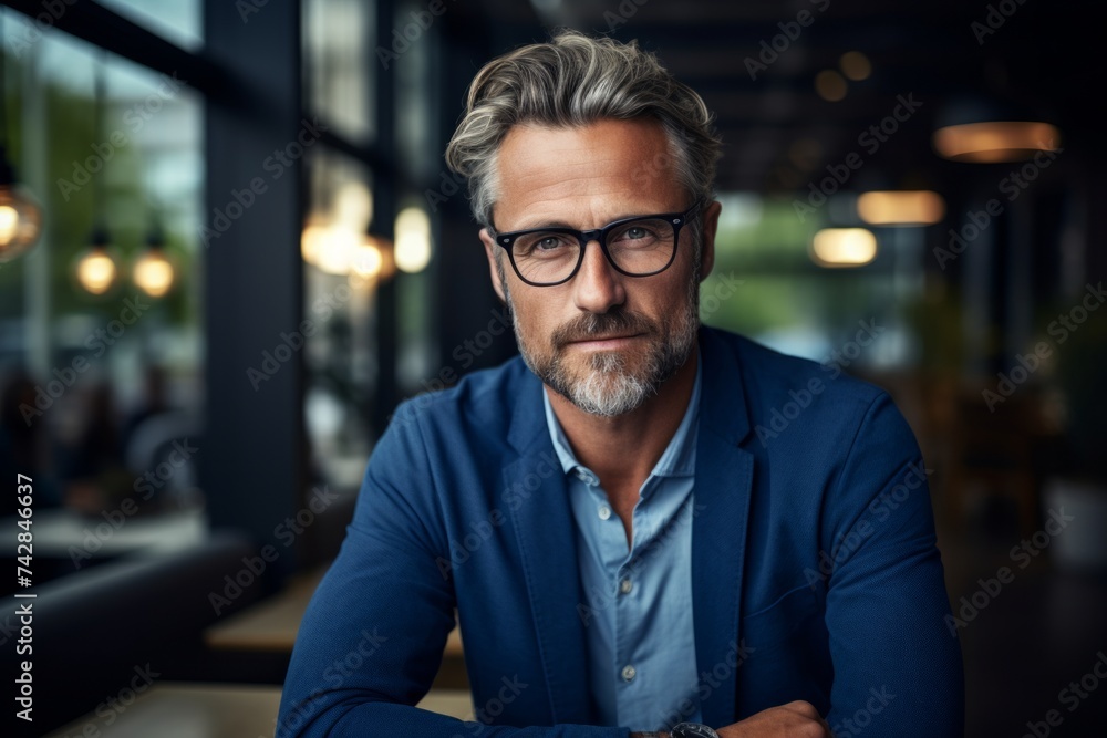 Business man with a confident stare and stylish glasses, dressed in a smart blue blazer over a casual shirt, sits in a cafe. Successful entrepreneur, experienced professional and business environments Business man with a confident stare and stylish glasses, dressed in a smart blue blazer over a casual shirt, sits in a cafe. Successful entrepreneur, experienced professional and business environments