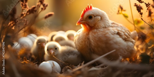 Mother hen protects chicks in sunlight reflecting organic farmings nurturing essence. Concept Organic farming, Mother hen, Sunlight, Chicks, Nurturing essence