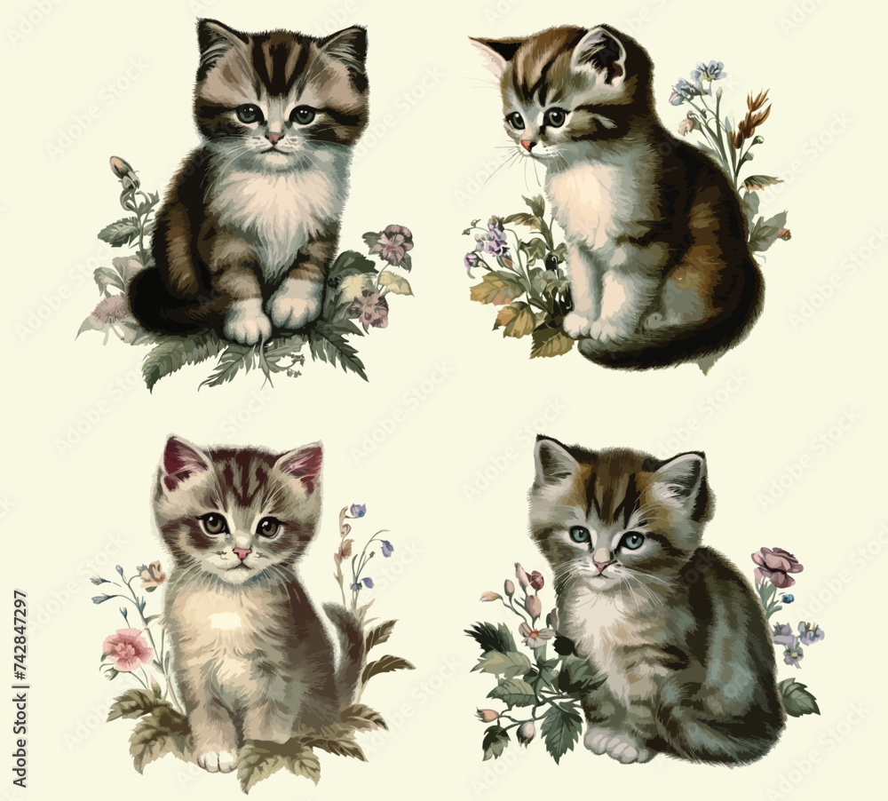 Vintage Botanical Kitten Cat Vector Illustration