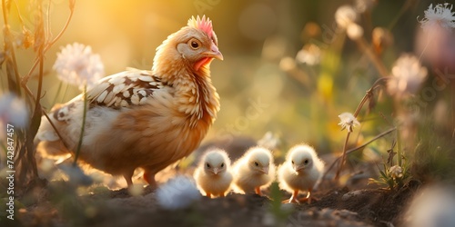 Guardian Mother Hen: Protecting Chicks Under the Nurturing Essence of Sunlight in Organic Farming. Concept Organic Farming, Mother Hen, Sunlight, Chicks, Nurturing Essence © Ян Заболотний