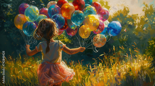 Watercolor of a girl from behind holding many balloons in her hand