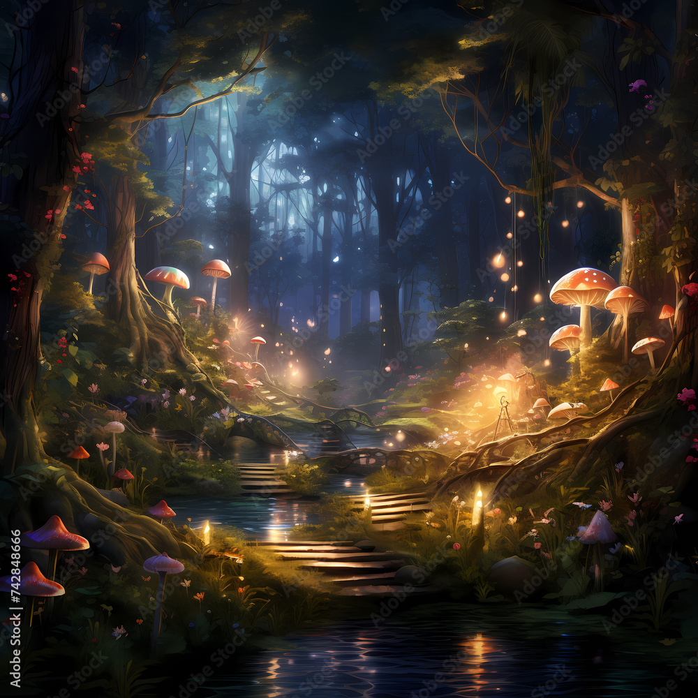 Enchanted forest with glowing flora and fauna.