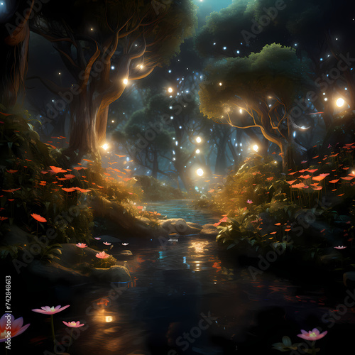 Enchanted forest with glowing flora and fauna.