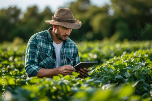 a farmer using a tablet while in the field